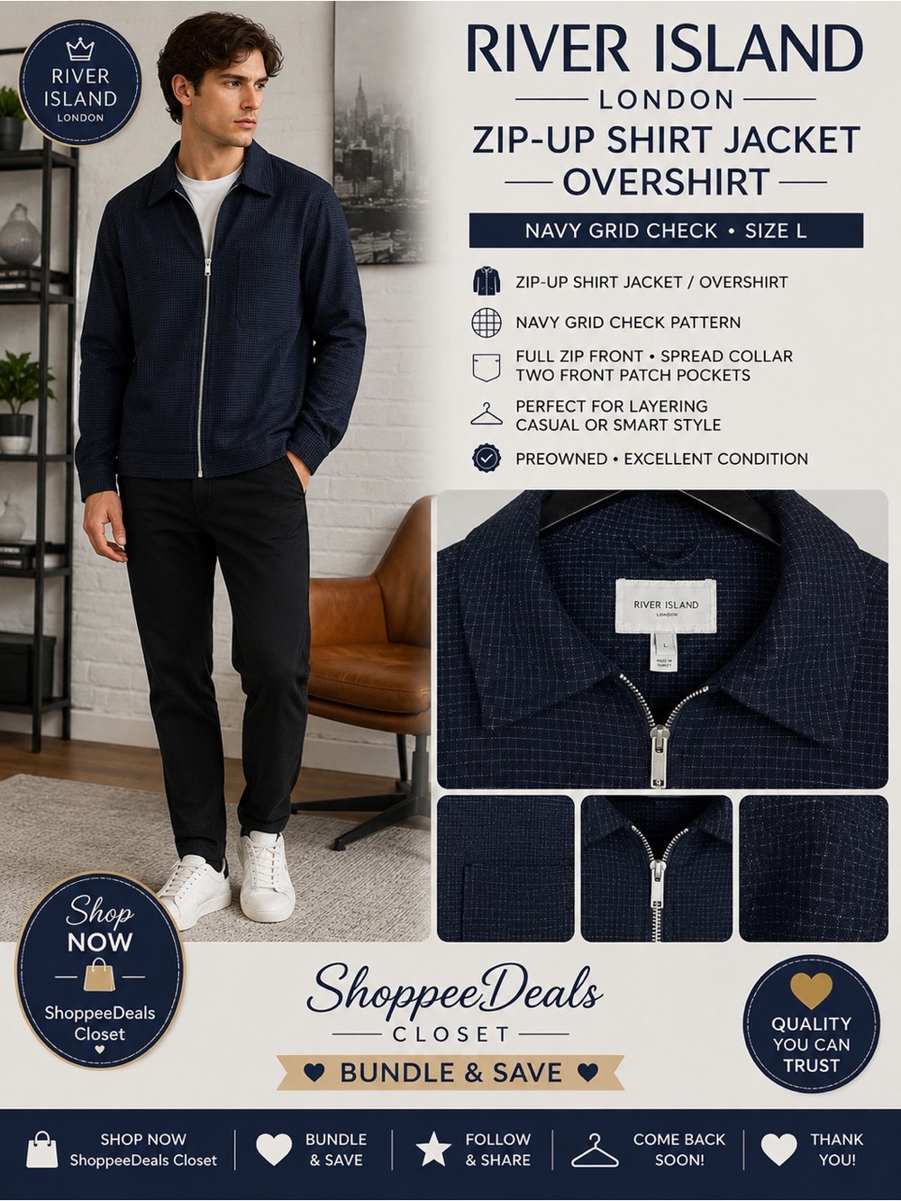 River Island Men’s Navy Grid Check Zip-Up Shirt Jacket Overshirt Size L